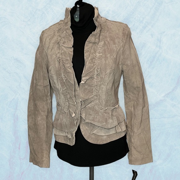 INC International Concepts - Size M Taupe Suede Ruffled Jacket (orig. $199) - Picture 2 of 13
